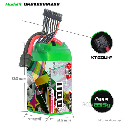GNB11008S120S battery size diagram with dimensions and XT60U-F connector close-up, approx 165g