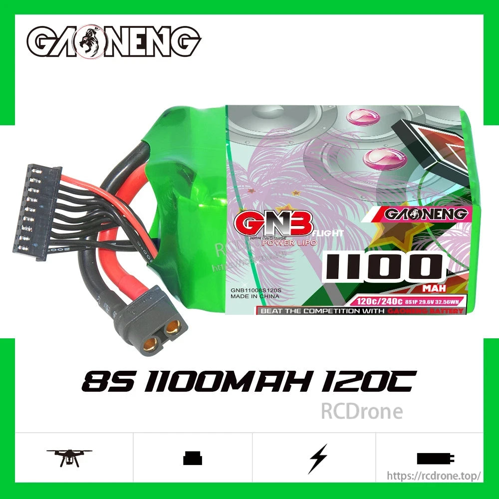 GNB 1100mAh 120C battery spec graphic showing 3S 1100mAh 120C text and battery view