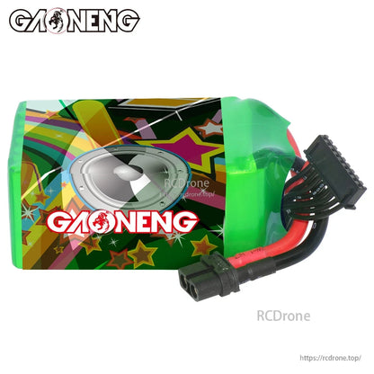 Side view of GAONENG battery wrap design showing XT60 connector and wire exit from pack