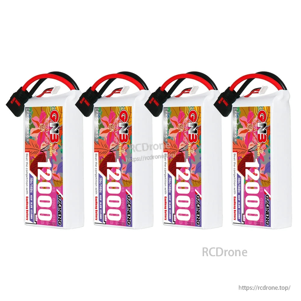 Four GNB 12000mAh 4S LiPo battery packs grouped together, front view