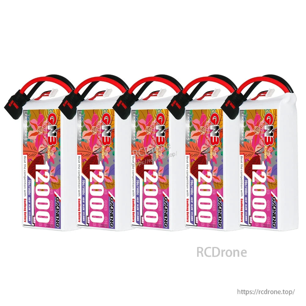 Five GNB 12000mAh 4S LiPo battery packs grouped together, front view