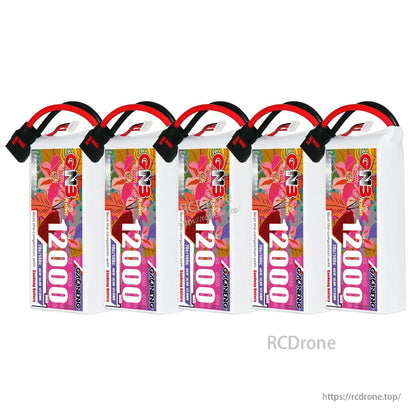 Five GNB 12000mAh 4S LiPo battery packs grouped together, front view