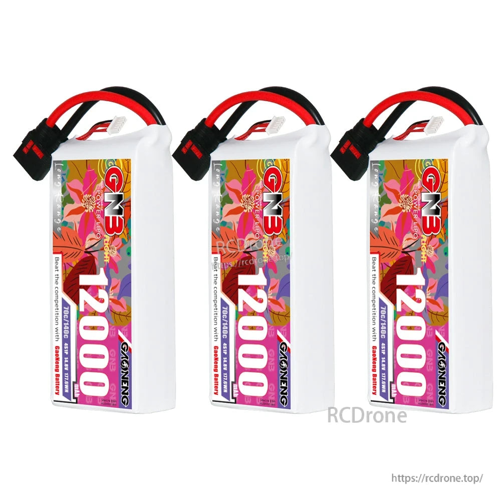 Three GNB 12000mAh 4S LiPo battery packs grouped together, front view