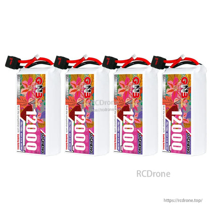 Four GAONENG GNB 12000mAh LiPo batteries lined up, showing labels and QS8 connectors