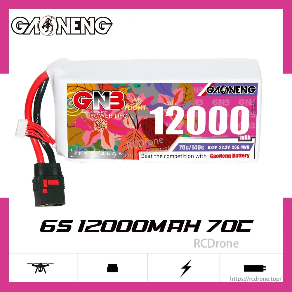 GAONENG GNB 6S 12000mAh 70C LiPo battery horizontal view, label and QS8 connector shown