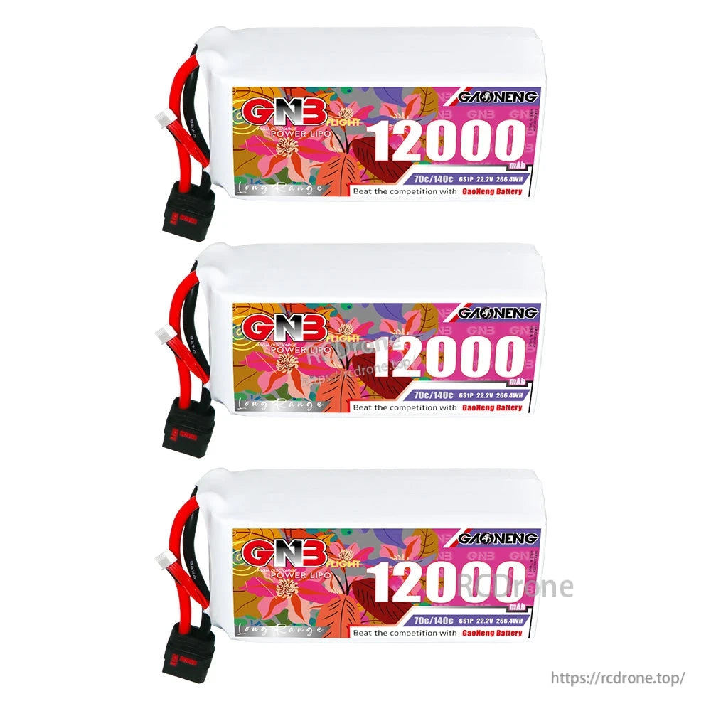 Three GAONENG GNB 12000mAh LiPo batteries stacked horizontally, each with QS8 discharge lead