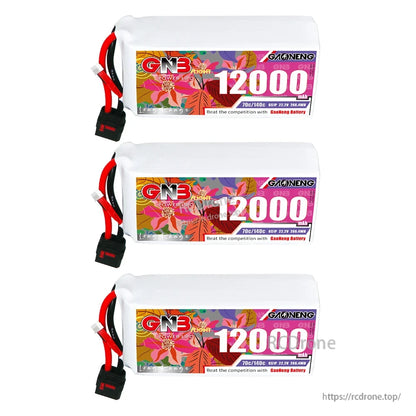 Three GAONENG GNB 12000mAh LiPo batteries stacked horizontally, each with QS8 discharge lead