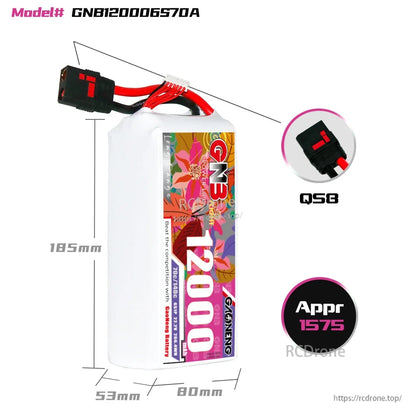 GNB120006S70A battery size chart with dimensions 185×80×53mm, QS8 plug and AAPC 1575 callout