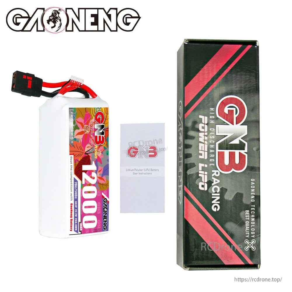 Package contents: GAONENG GNB 12000 battery, user manual booklet, and GNB retail box