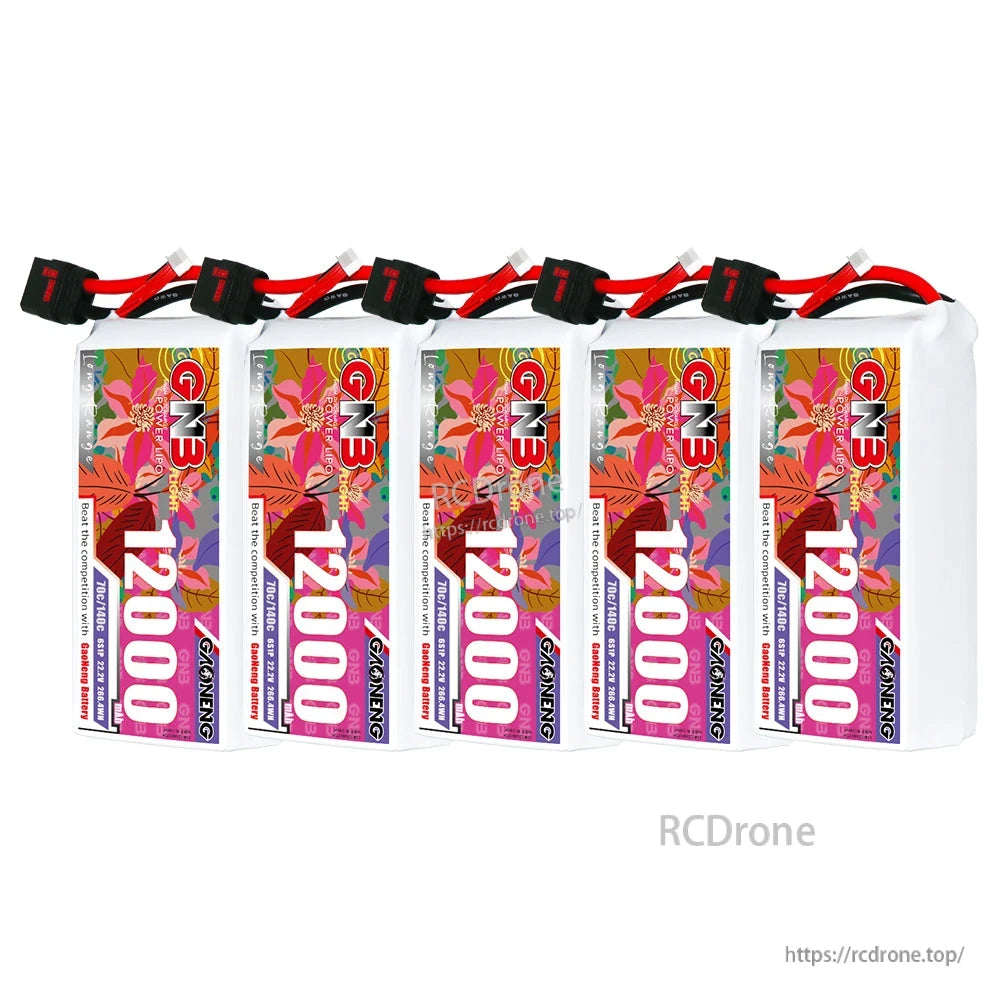 Five GAONENG GNB 12000mAh LiPo batteries lined up in a row with QS8 connectors visible