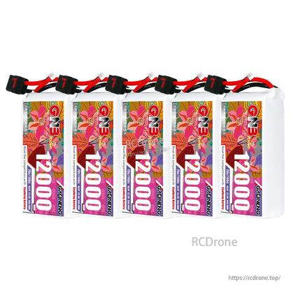 Five GAONENG GNB 12000mAh LiPo batteries lined up in a row with QS8 connectors visible
