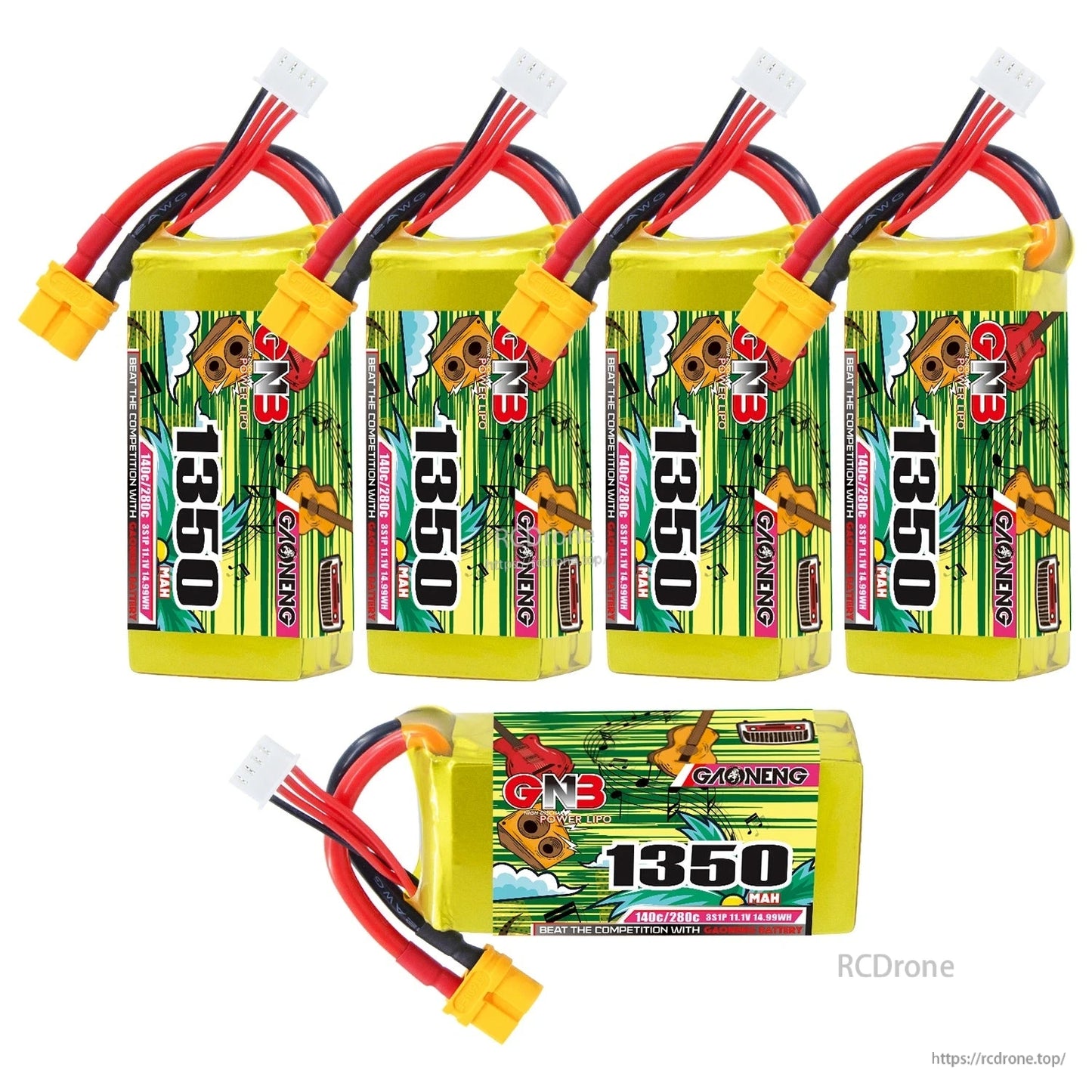 Five GNB 1350mAh LiPo batteries set—four upright plus one horizontal with XT60 lead