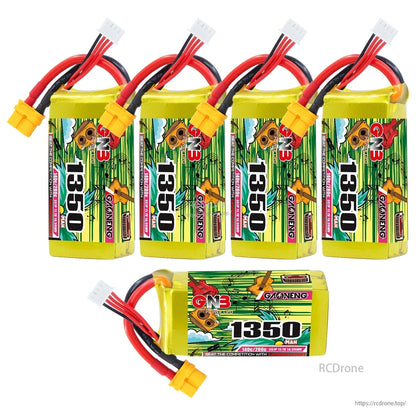 Five GNB 1350mAh LiPo batteries set—four upright plus one horizontal with XT60 lead