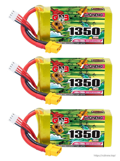 Three GNB 1350mAh LiPo batteries shown stacked, each with XT60 and balance connector