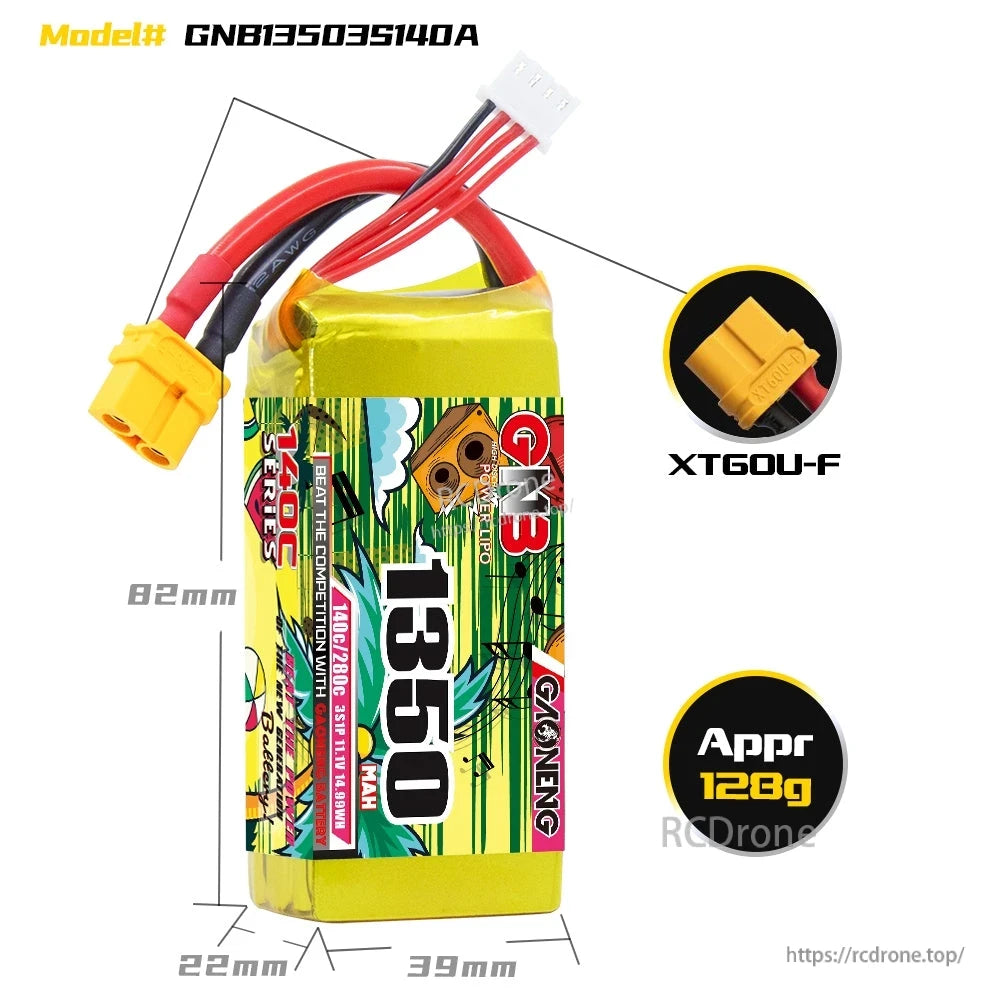 GNB13503S140A battery dimensions 82×39×22mm, XT60U-F connector, approx 128g