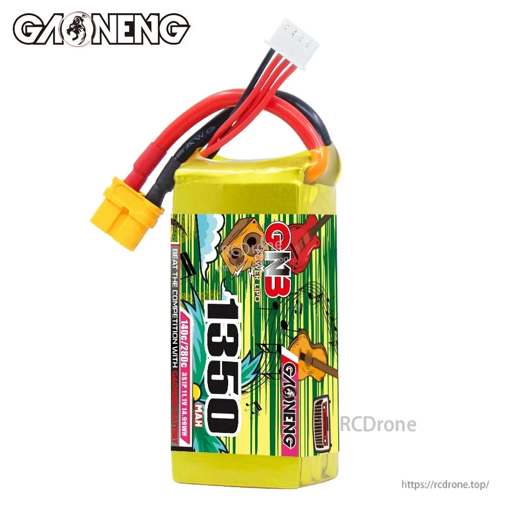 GAONENG GNB 1350mAh battery upright front view showing label and XT60 cable