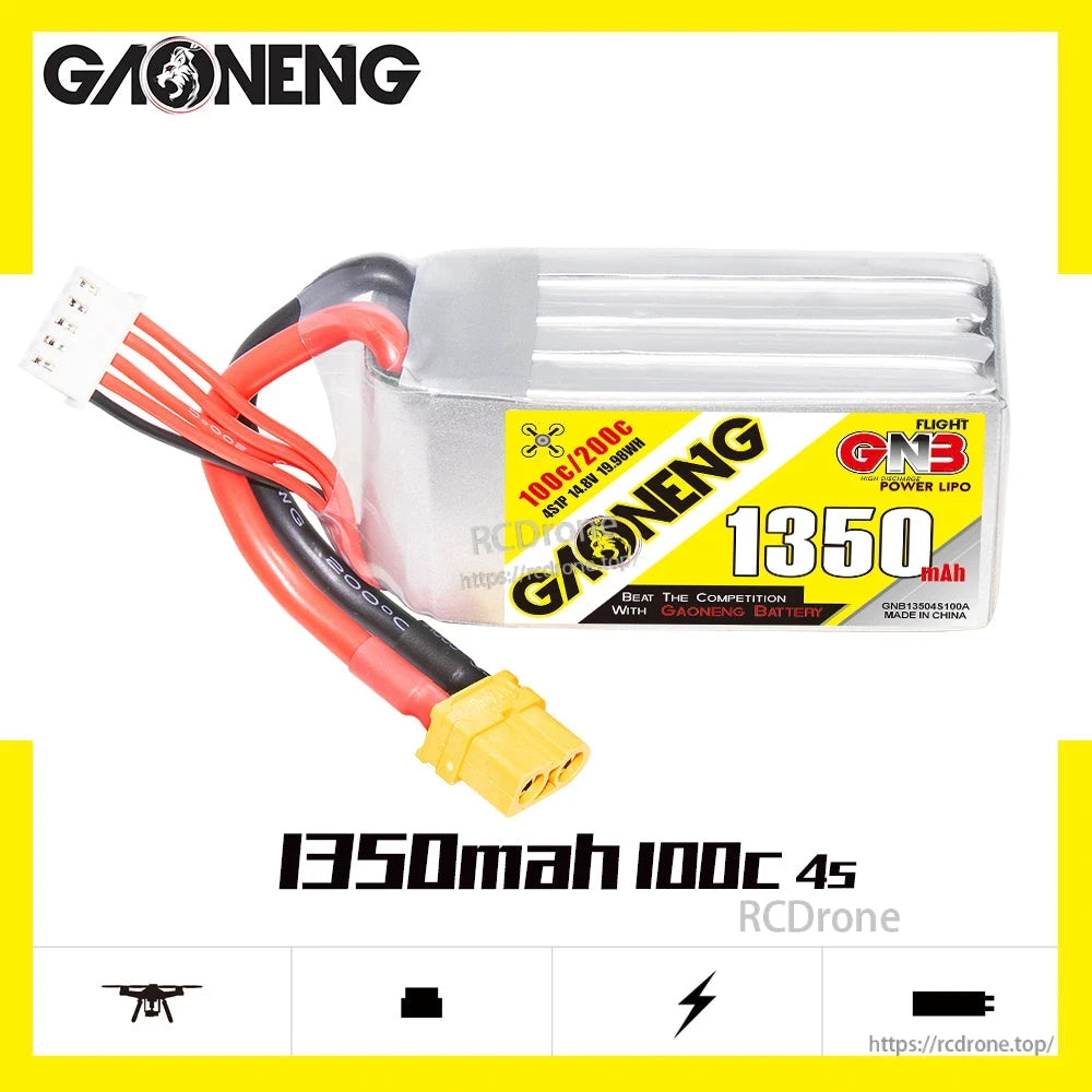 GAONENG GNB13504S100A 1350mAh 100C 4S battery promo graphic with product photo