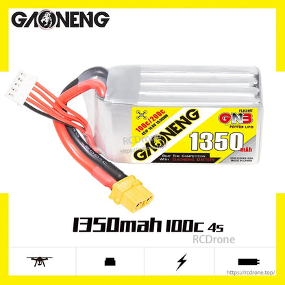 GAONENG GNB13504S100A 1350mAh 100C 4S battery promo graphic with product photo