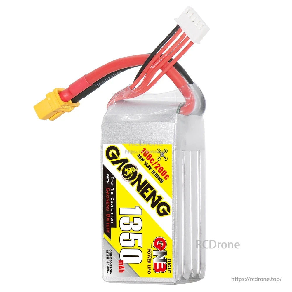 Upright side view of GAONENG GNB 1350mAh battery showing cell stack and wires