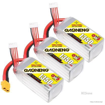 Three GAONENG GNB 1350mAh batteries shown together with XT60 leads and balance plugs