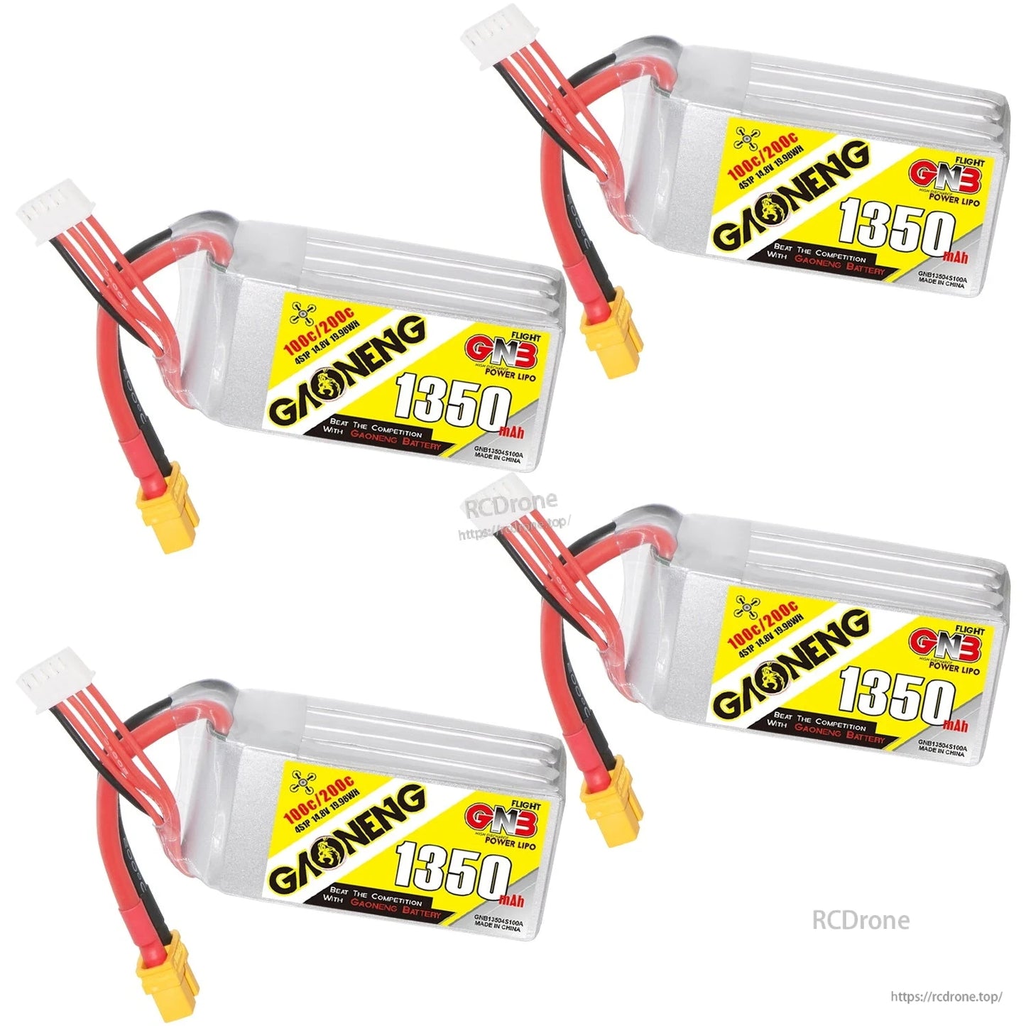 Four GNB 1350mAh batteries arranged diagonally, each with XT60 connector and balance lead