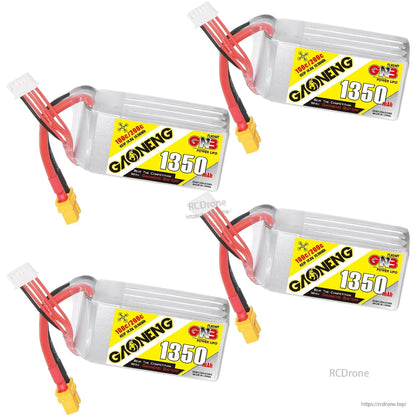 Four GNB 1350mAh batteries arranged diagonally, each with XT60 connector and balance lead