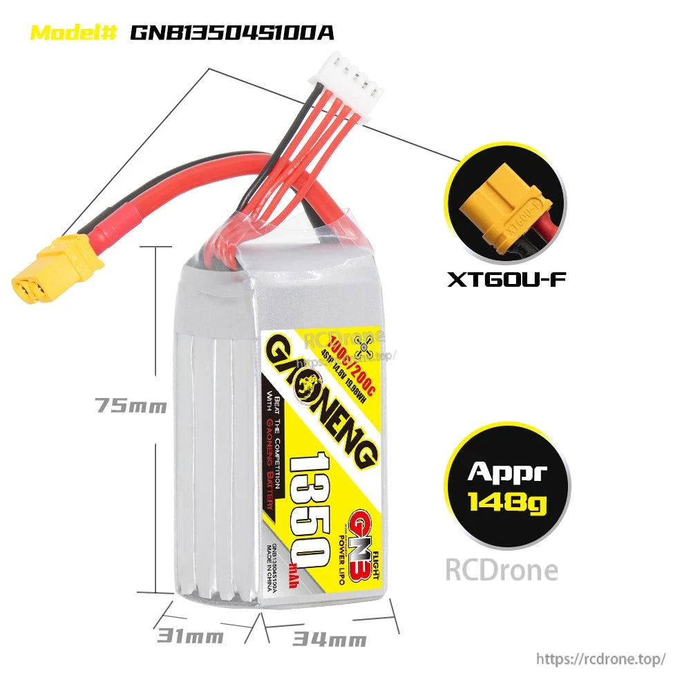 Battery size and connector diagram: GNB13504S100A with XT60U-F plug, approx 148g, 75mm length