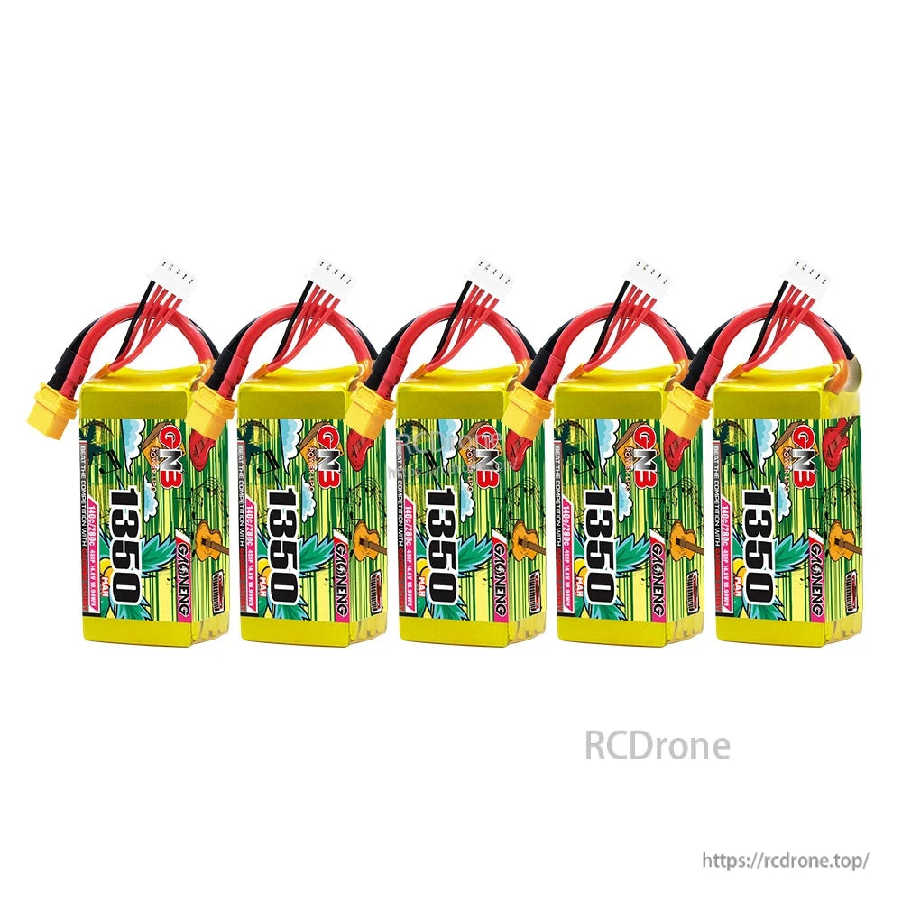 Five-pack bundle photo showing five GNB 1350 LiPo batteries arranged in a row with XT60 plugs