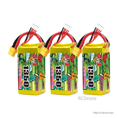 Three-pack bundle photo of GNB 1350 batteries lined up, each with XT60 and balance lead