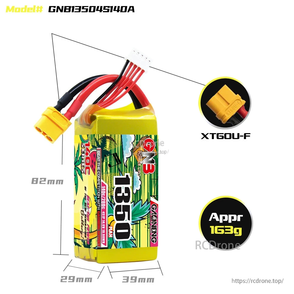 Dimensions graphic for model GNB13504S140A showing 82×39×29 mm, XT60U-F plug and approx 163 g