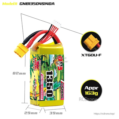 Dimensions graphic for model GNB13504S140A showing 82×39×29 mm, XT60U-F plug and approx 163 g