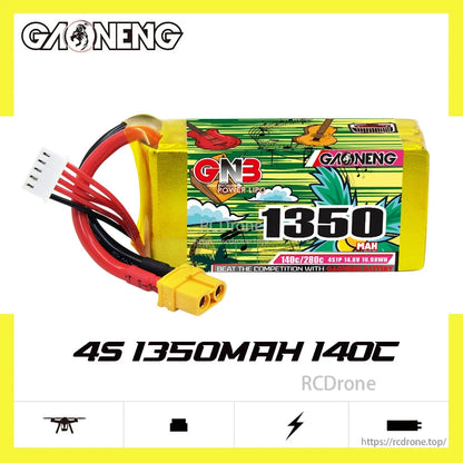 GAONENG GNB 4S 1350mAh 140C battery promo graphic with product photo and text on white background
