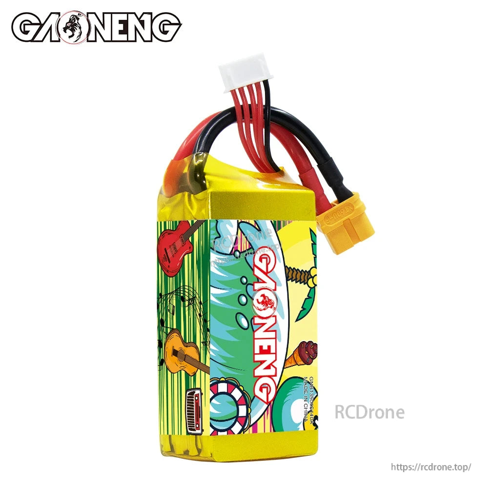 Side view of GAONENG GNB battery pack showing wrap design, XT60 lead and 4S balance connector