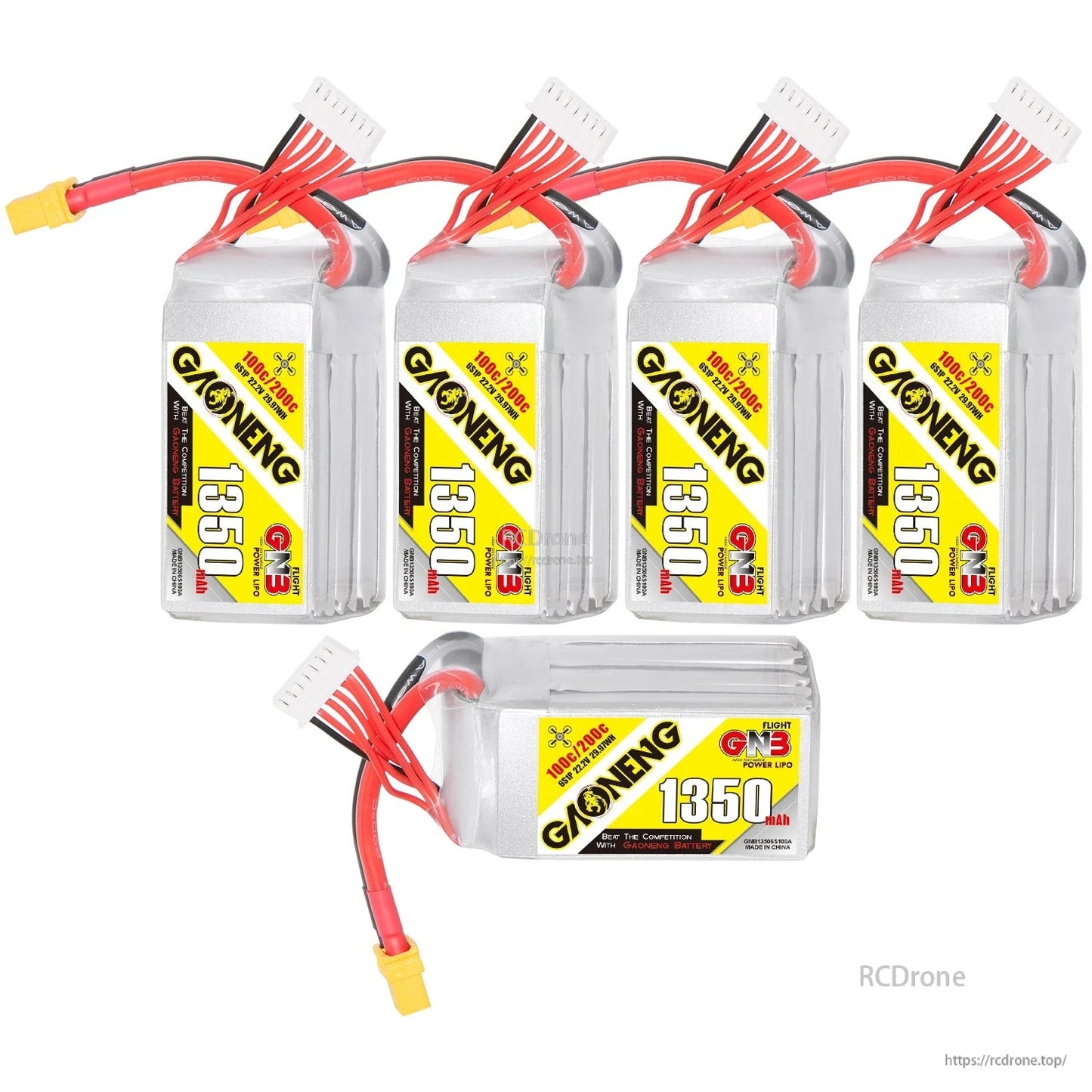 Five GAONENG GNB 1350mAh LiPo batteries bundle layout, four upright and one horizontal