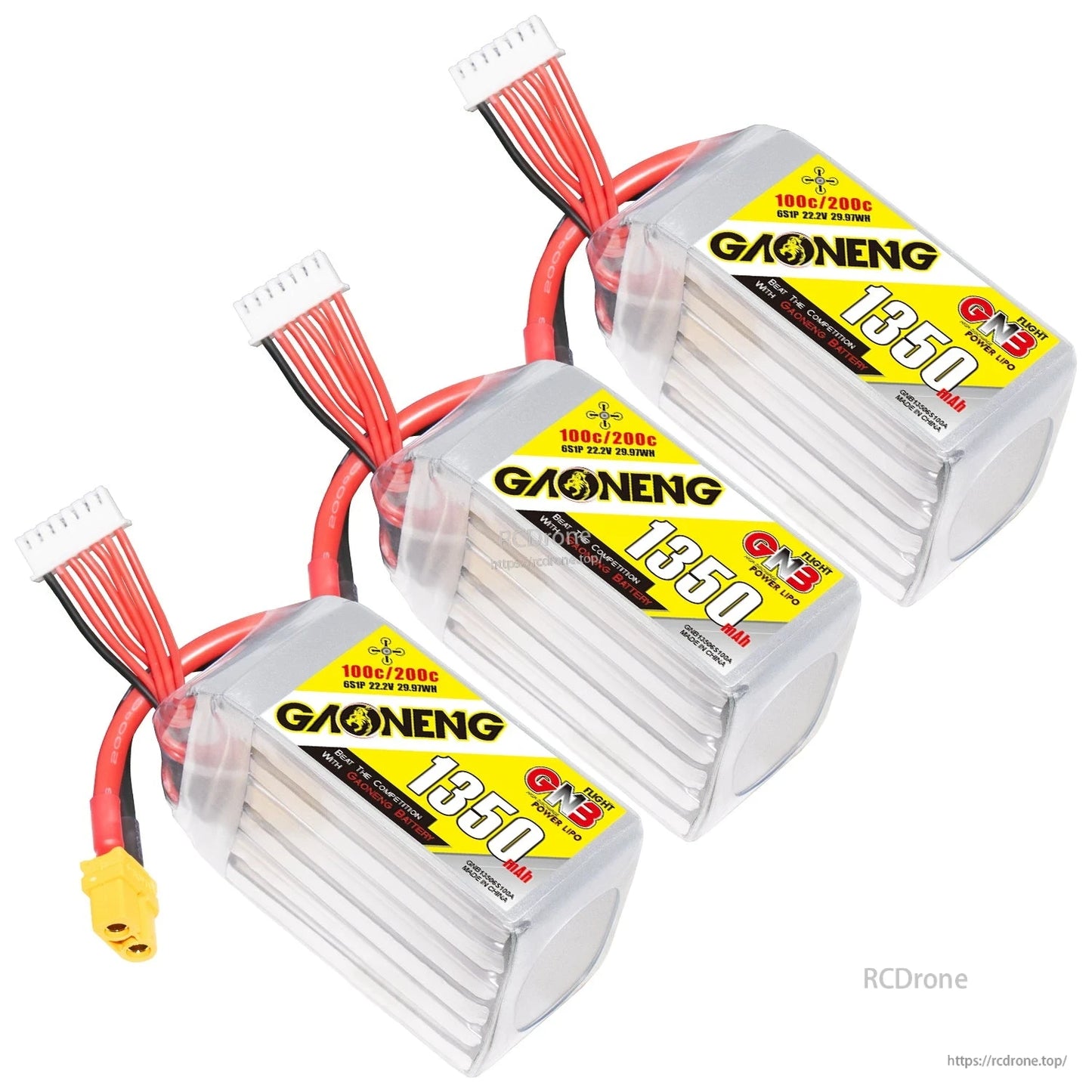 Three GAONENG GNB 1350mAh LiPo batteries shown together with XT60 leads and balance plugs