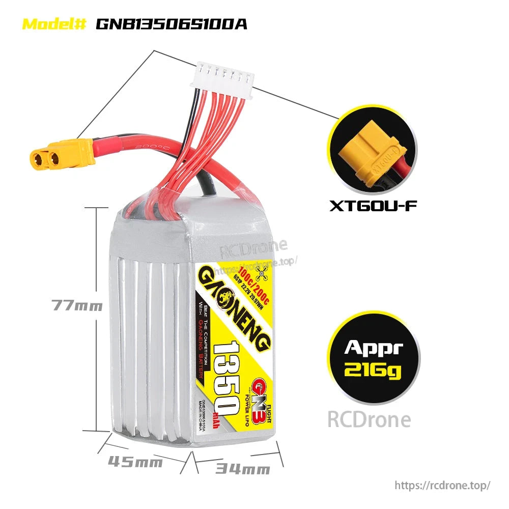 GNB13506S100A battery size diagram showing 77×45×34 mm, XT60U-F connector, approx 216 g