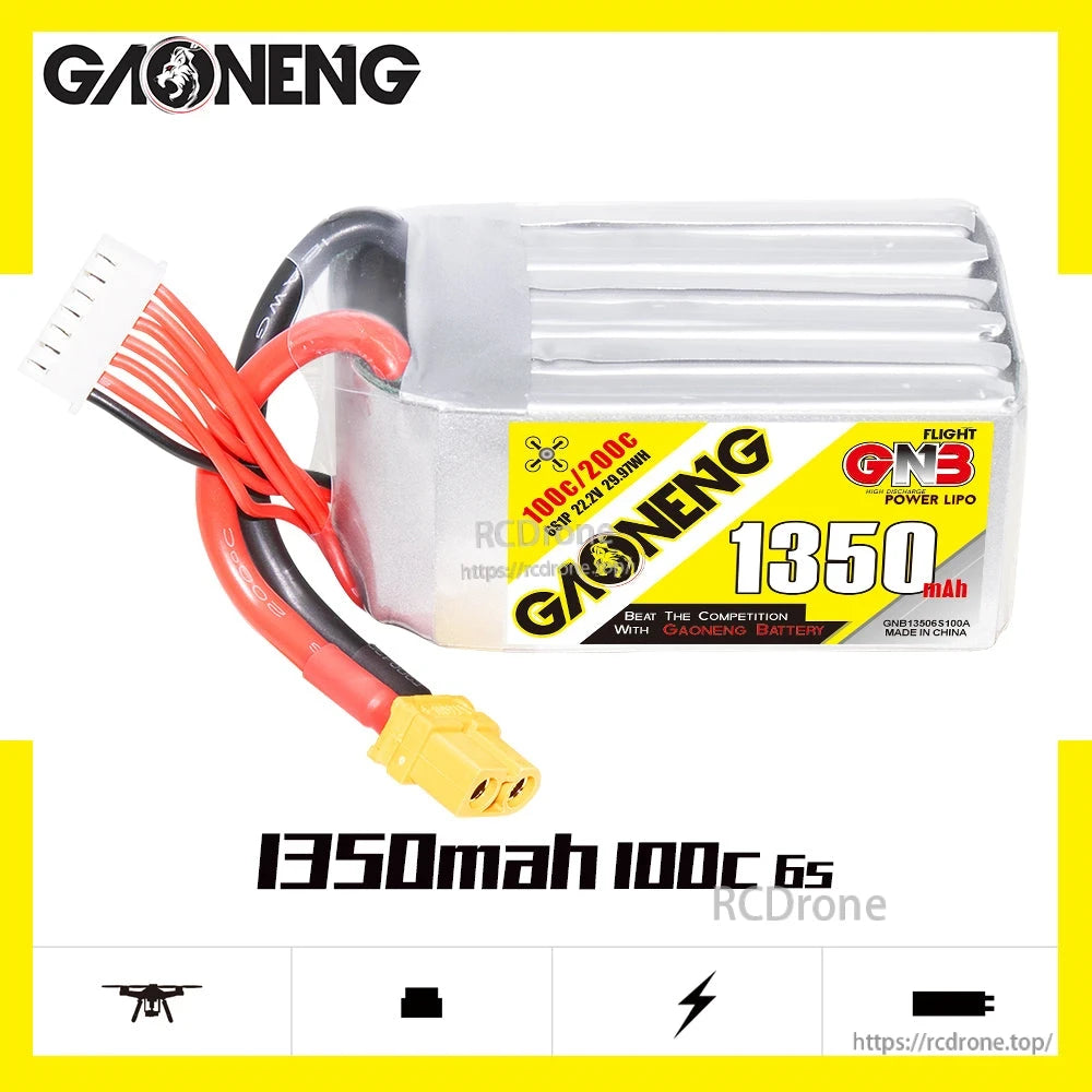 GNB 6S 1350mAh 100C LiPo battery hero graphic with XT60 connector and balance plug