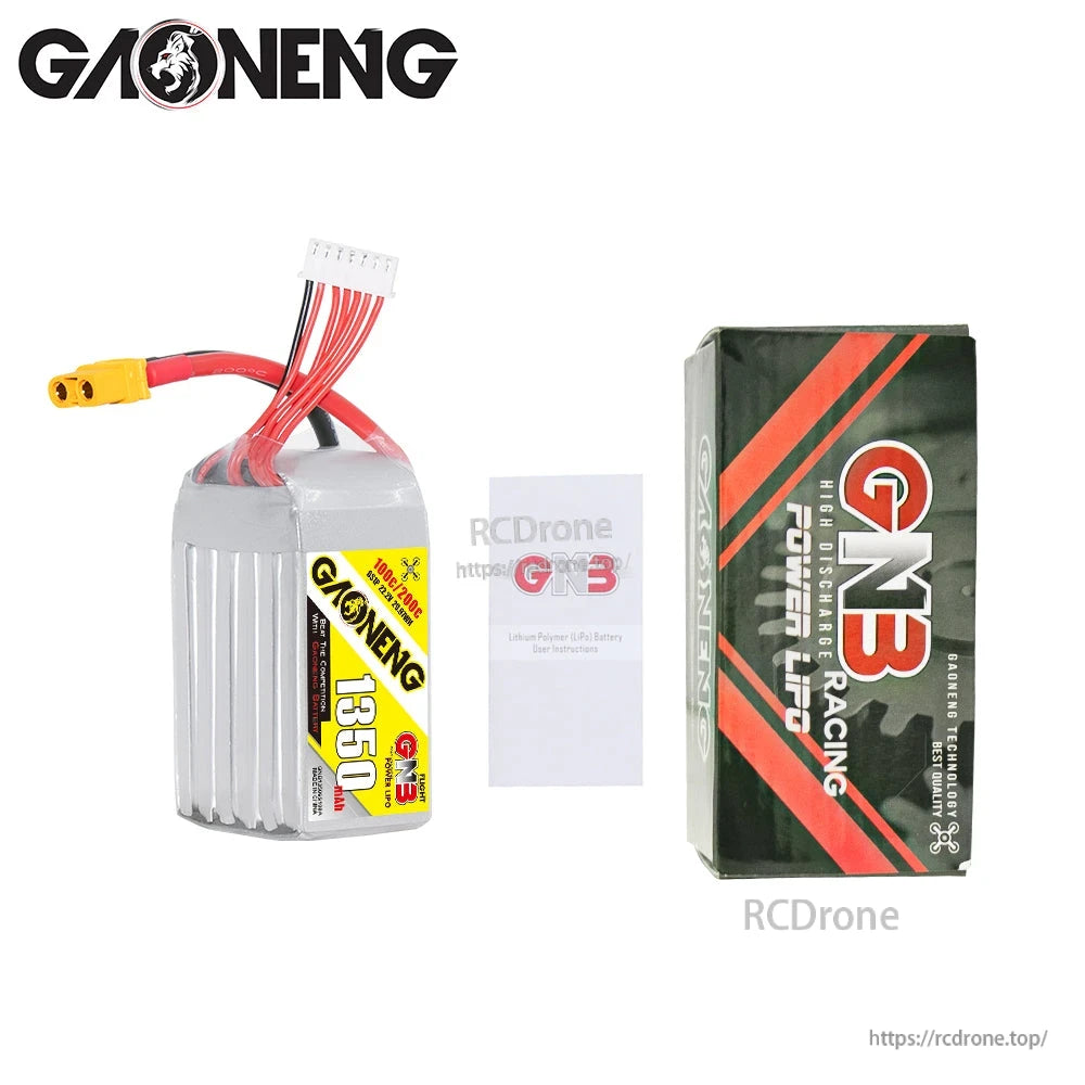 Package contents: GNB 1350mAh battery, instruction card, and GNB Racing Power box