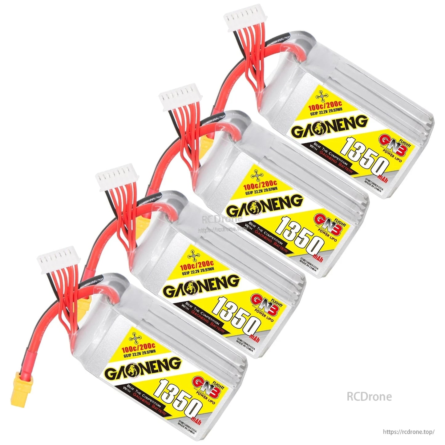 Four GAONENG GNB 1350mAh LiPo batteries arranged in a row with XT60 and balance connectors
