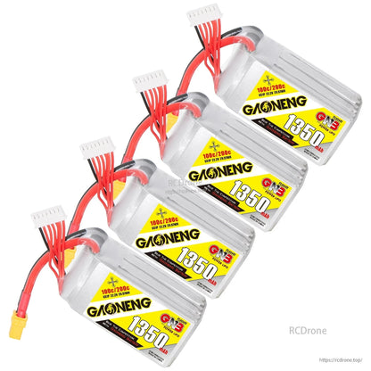 Four GAONENG GNB 1350mAh LiPo batteries arranged in a row with XT60 and balance connectors