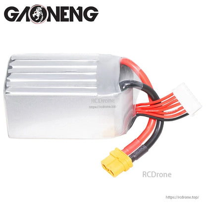 Side view of silver GAONENG LiPo pack showing cell profile, XT60 plug and 6S balance connector