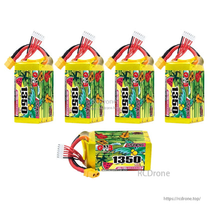 Five GNB 1350mAh batteries set with four upright and one horizontal, connectors visible