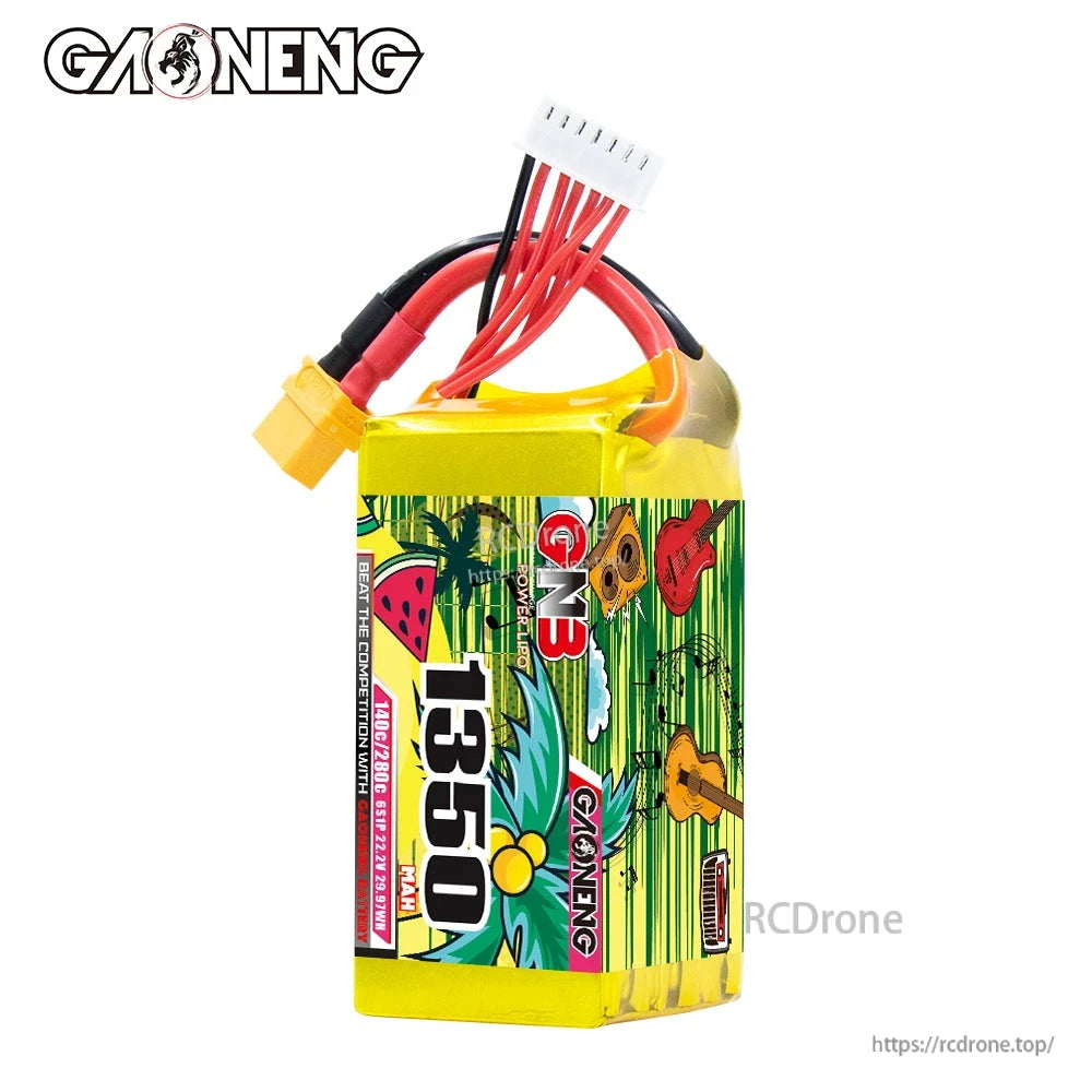 Side view of GAONENG GNB 1350mAh battery showing 140C series label and top wire exit