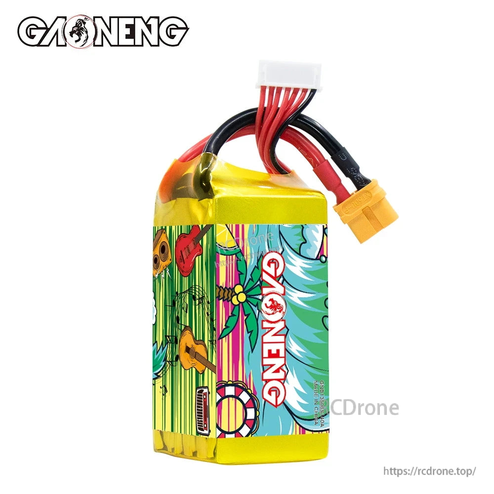 Rear/alternate side view of GAONENG GNB battery showing GAONENG logo panel and XT60 lead
