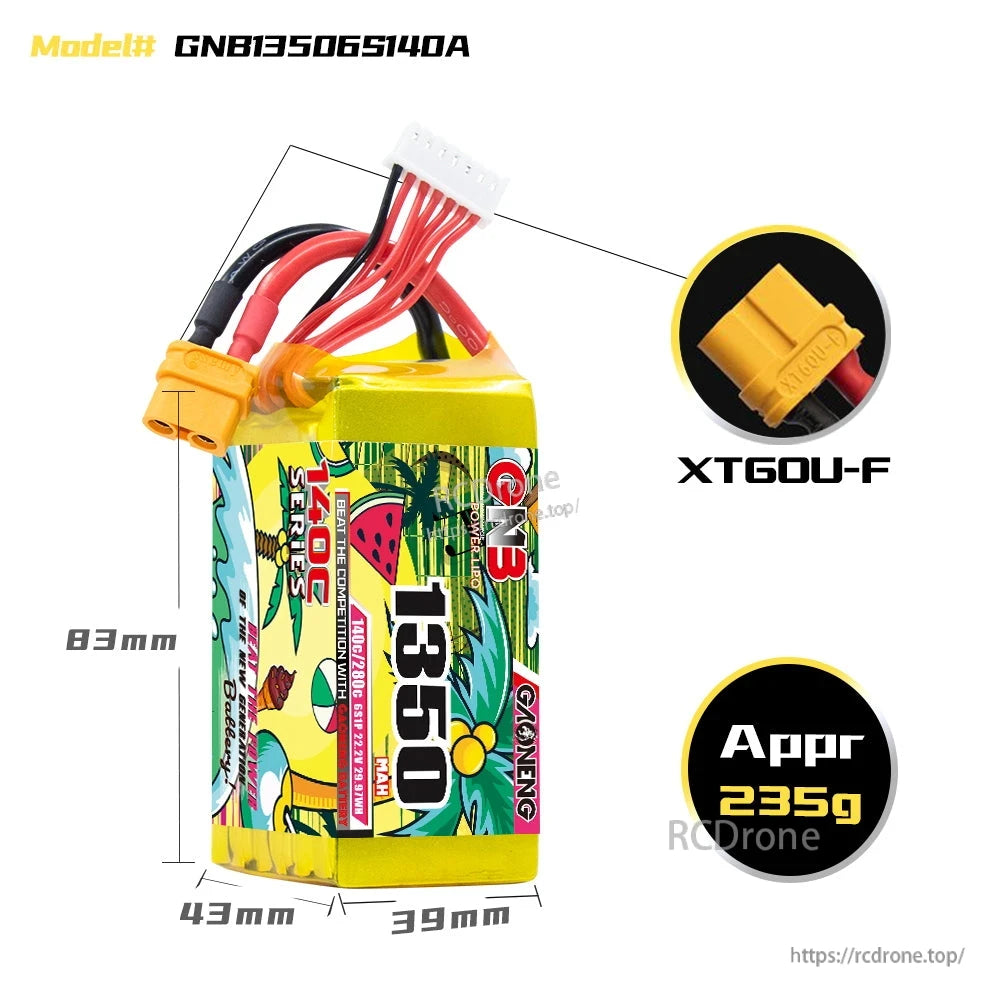 GNB13506S140A battery dimensions diagram with XT60U-F connector close-up and approx 235g weight
