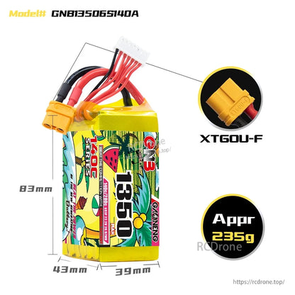 GNB13506S140A battery dimensions diagram with XT60U-F connector close-up and approx 235g weight