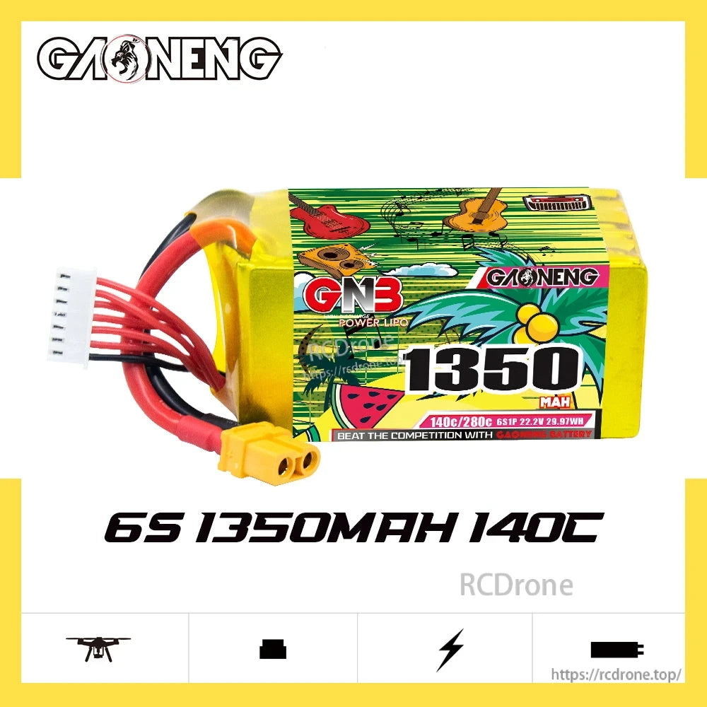 GAONENG GNB 6S 1350mAh 140C battery promo graphic on white background with product photo