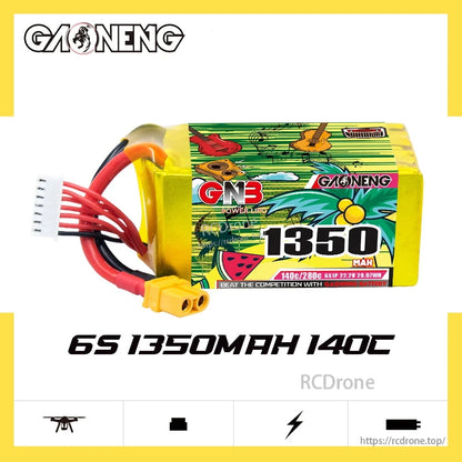 GAONENG GNB 6S 1350mAh 140C battery promo graphic on white background with product photo