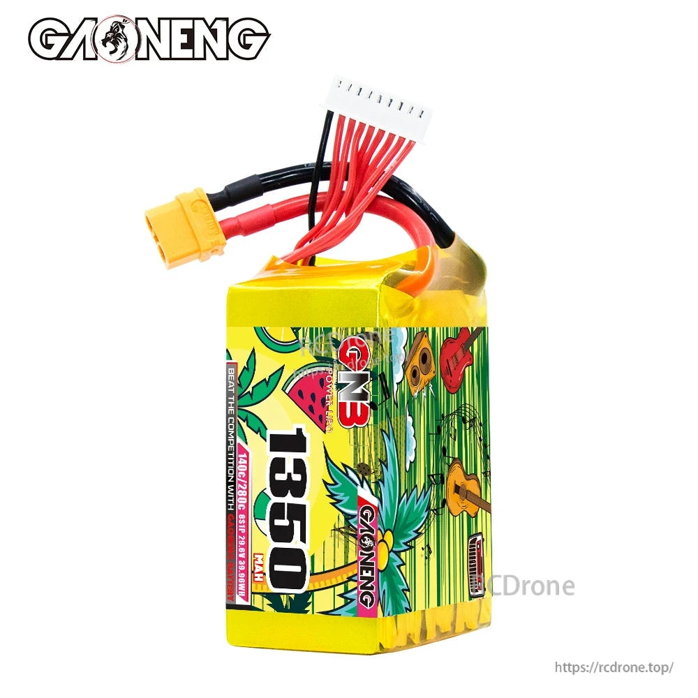 Front view of GNB 1350mAh battery label with top exit wires, XT60 plug and white balance connector