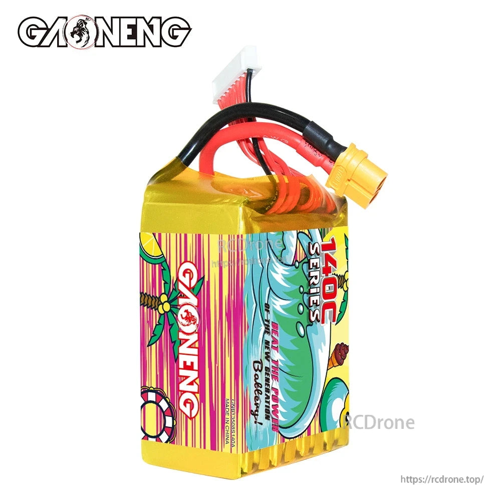 Side view showing GAONENG branding and wrap design with top-mounted leads and XT60 connector